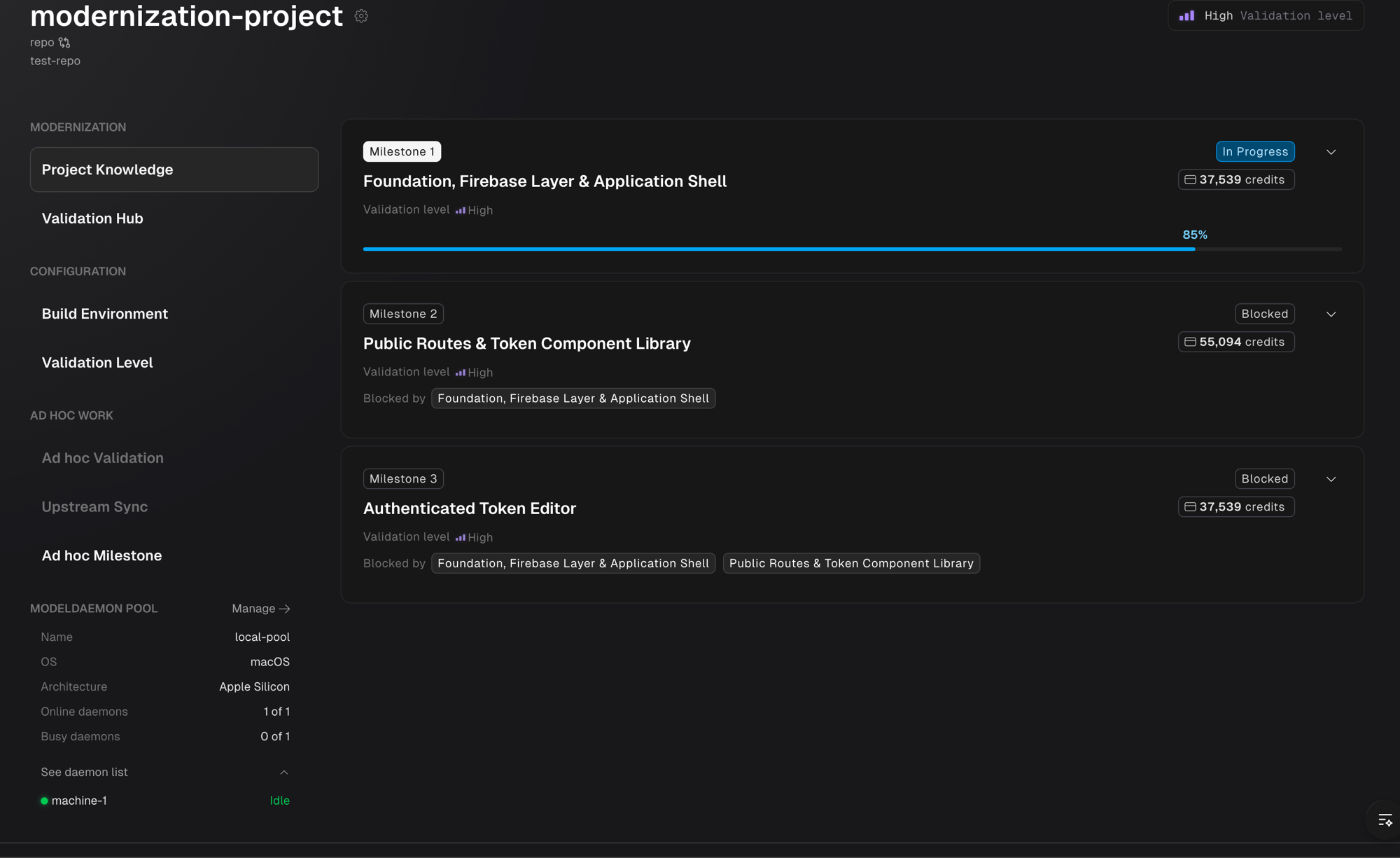 ModelDaemon pool section with the daemon list expanded, showing an individual daemon and its Idle status