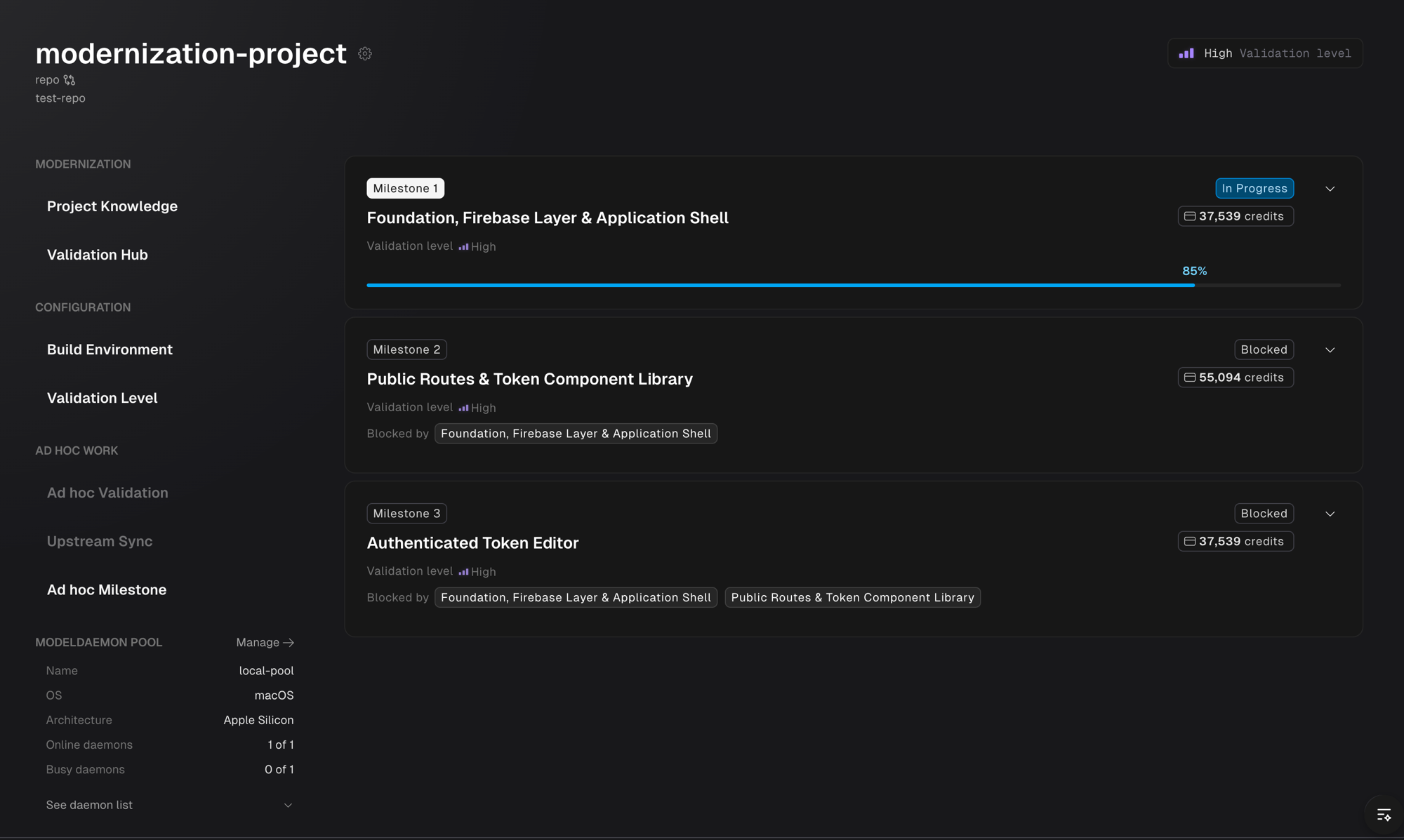 Roadmap sidebar showing the ModelDaemon pool section with name, OS, architecture, and online/busy daemon counts