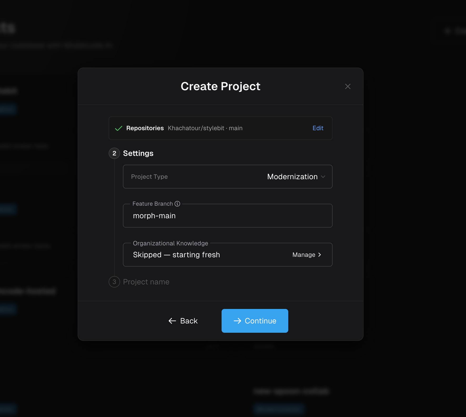 Create Project modal showing the Organizational Knowledge field with Manage button