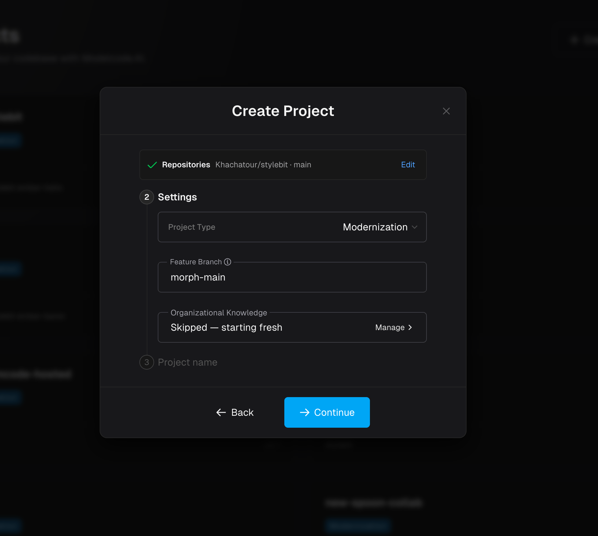 Create Project modal showing the Organizational Knowledge field with Manage button