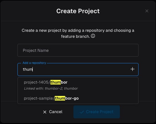 Repo picker showing repositories already linked to other Morph projects