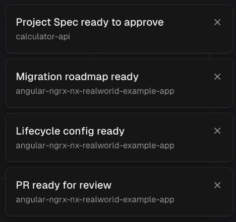In-app notifications for Project Spec, Roadmap, Lifecycle config, and PR review