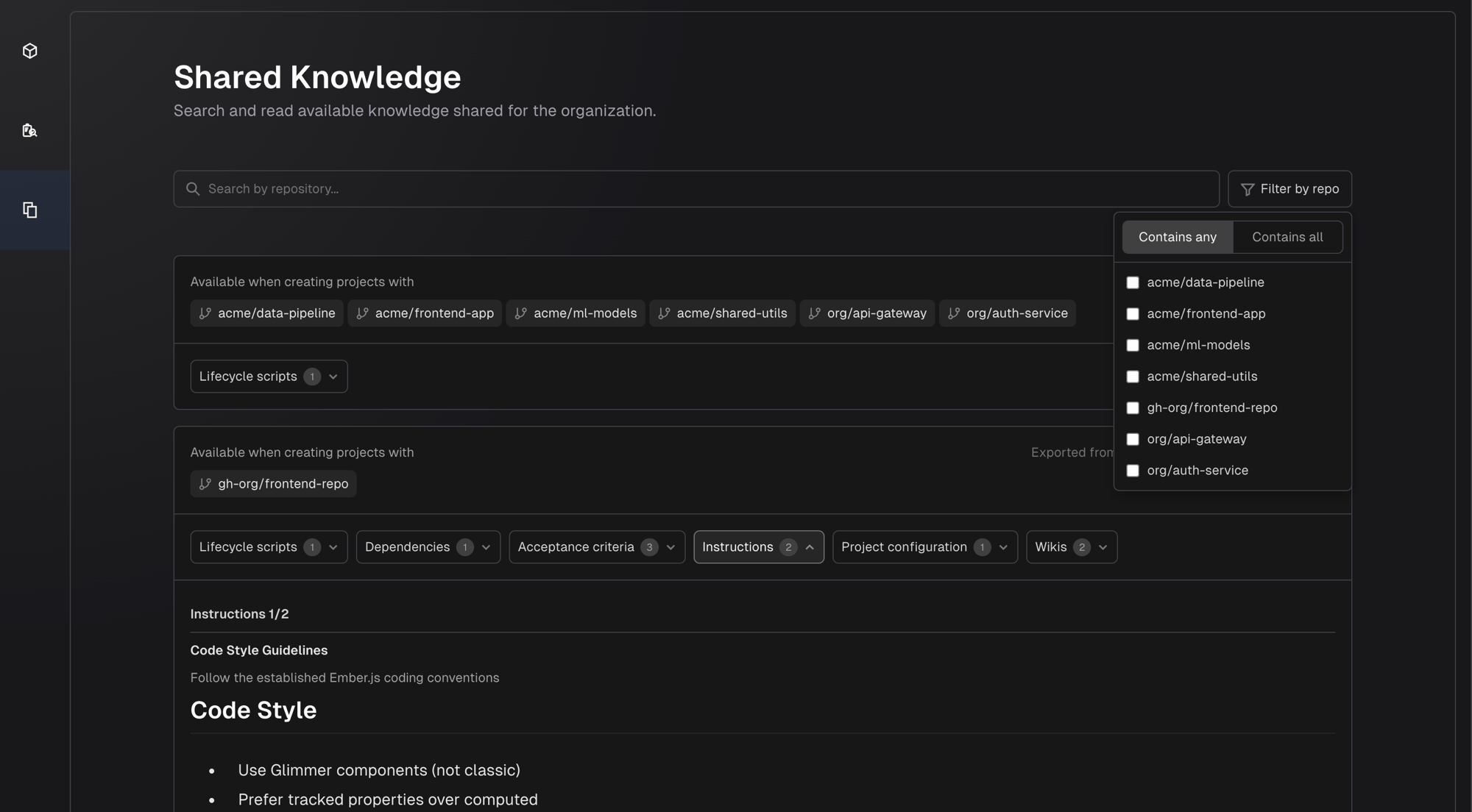 Filter dropdown with repository checkboxes and Contains any / Contains all toggle
