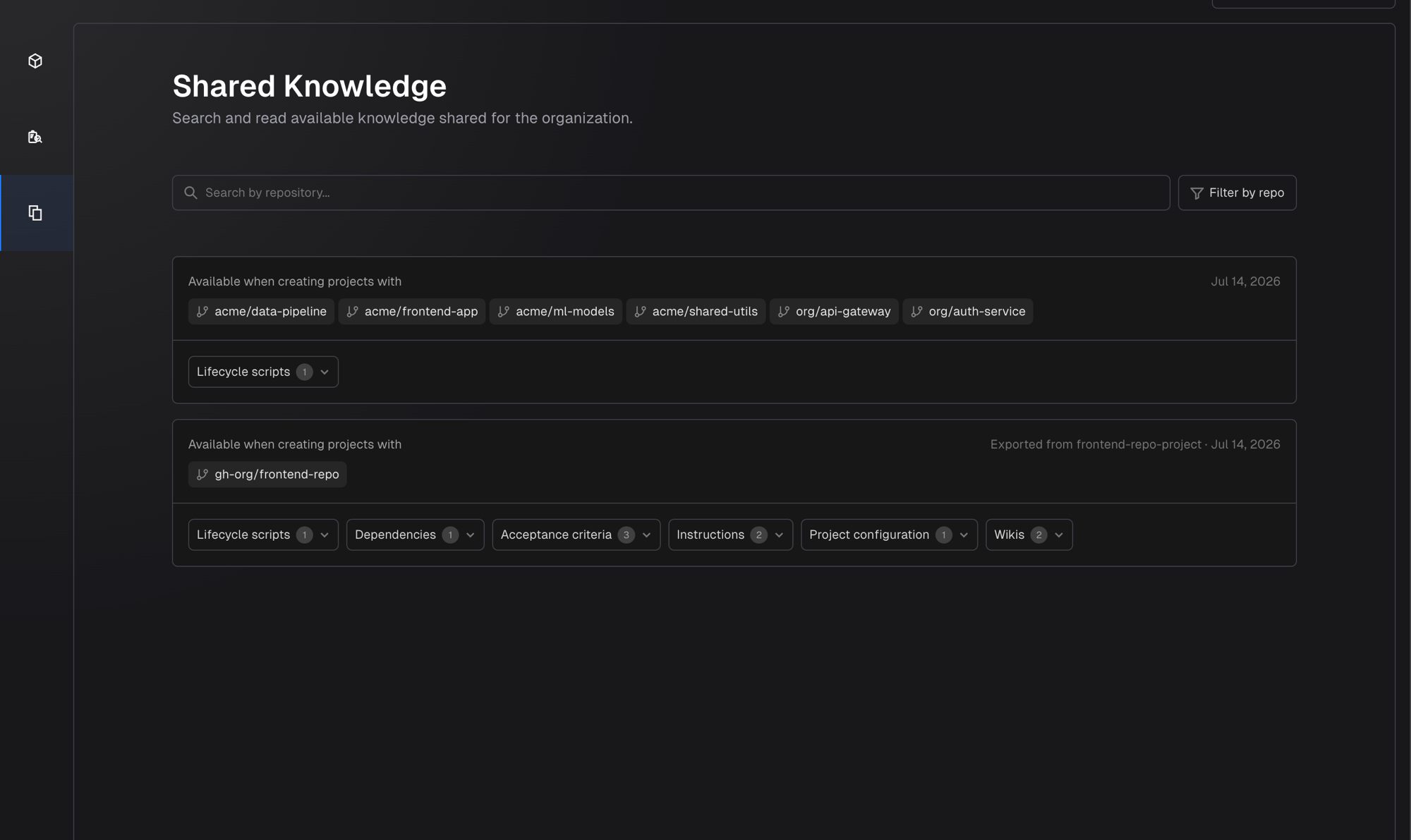 Shared Knowledge page showing knowledge cards grouped by repository set