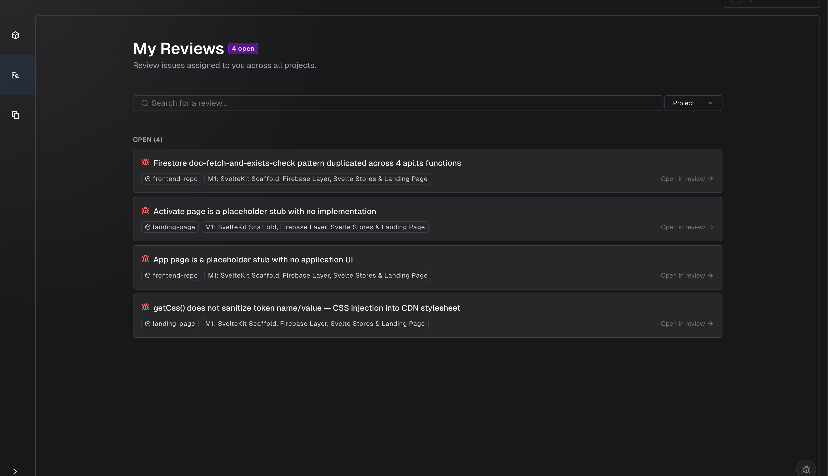 My Reviews page showing open issues across projects