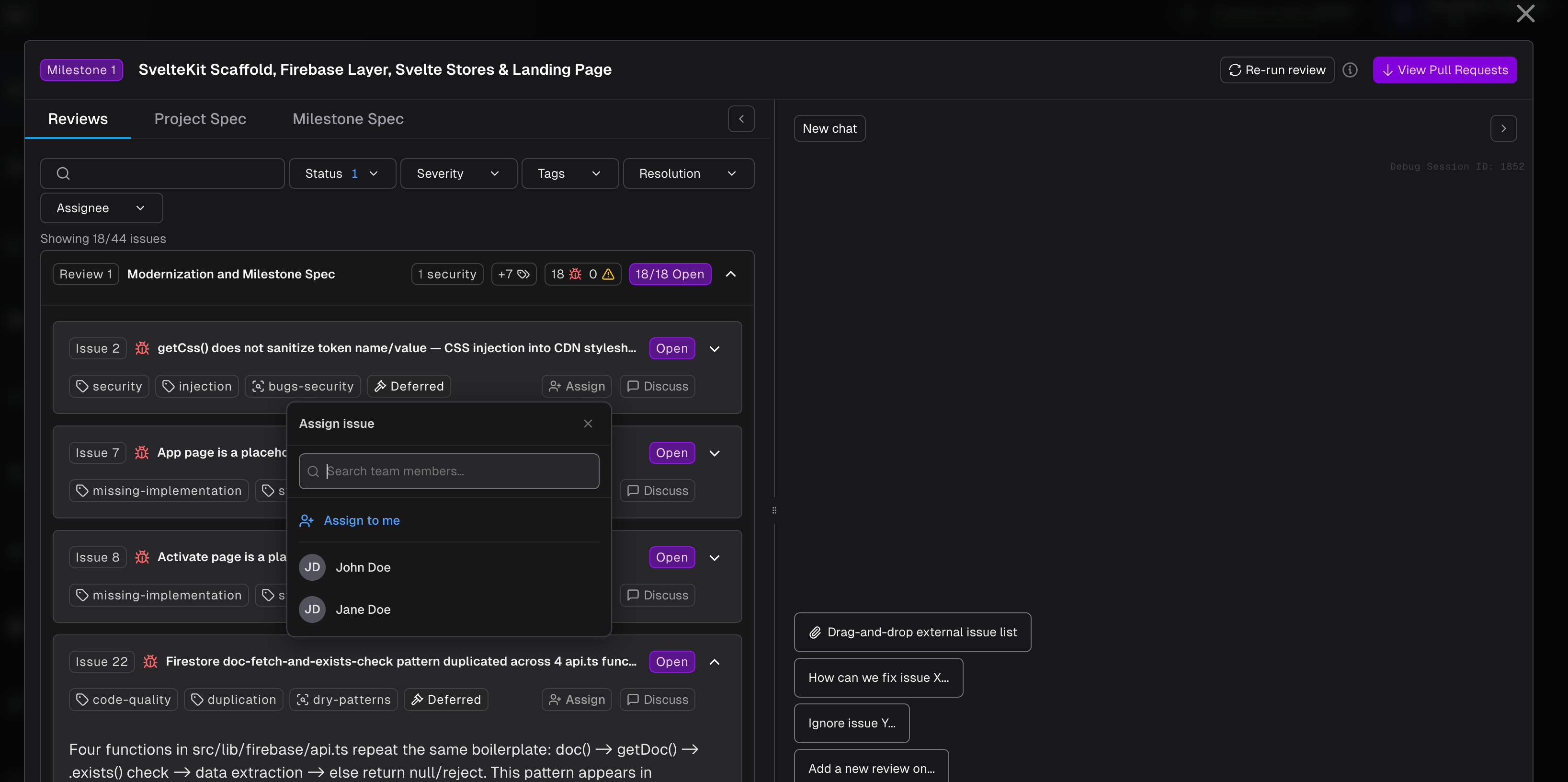 Assign issue dropdown with team member search and selection