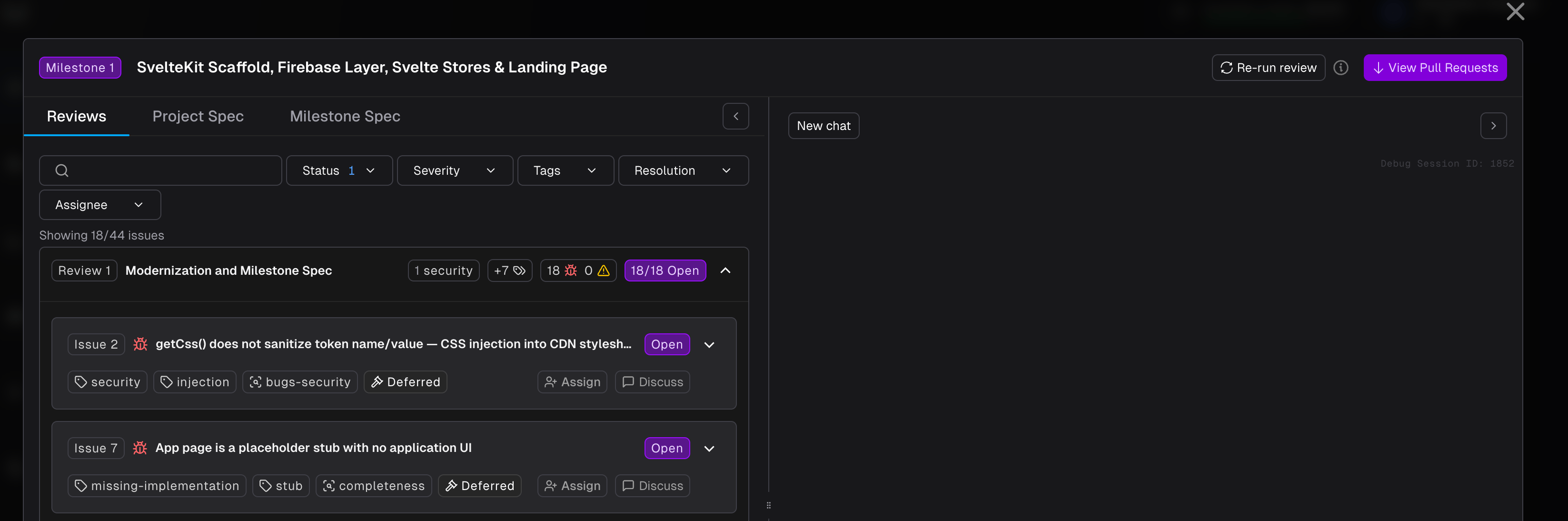 Code Review drawer showing issue cards with Assign and Discuss buttons