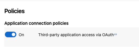 Azure DevOps Organization Settings — Policies — Third-party application access via OAuth toggled On