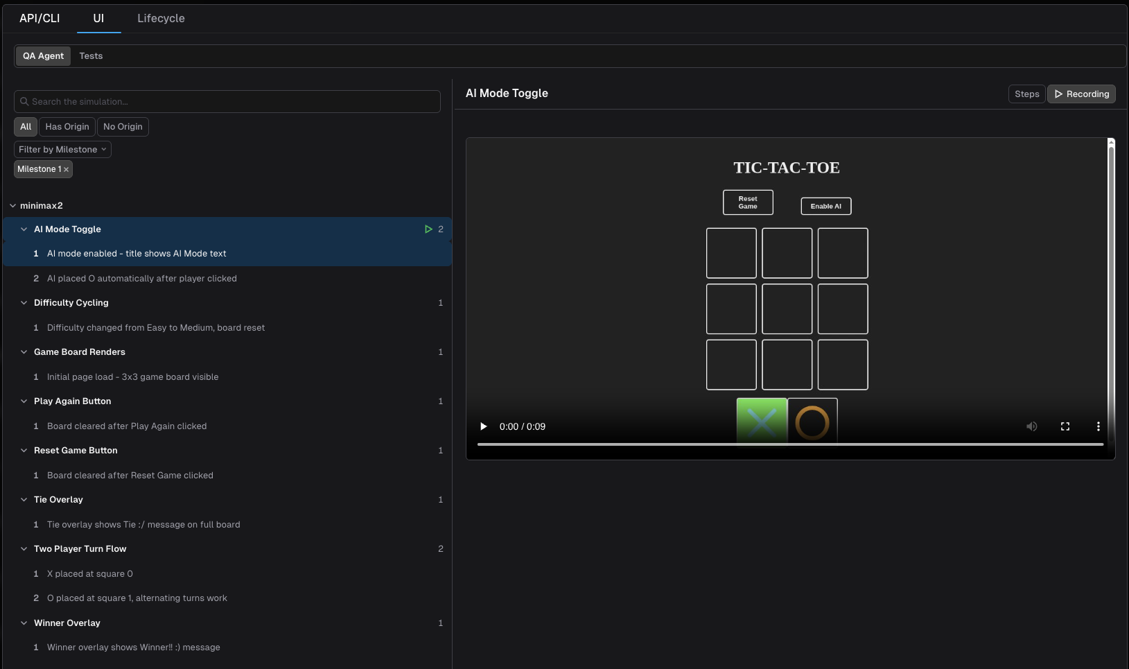 QA Agent sub-tab showing an agentic browsing session with step-by-step screenshots and video