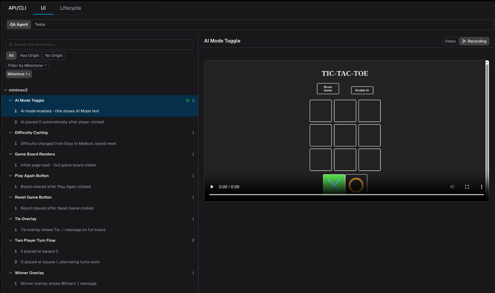 QA Agent sub-tab showing an agentic browsing session with step-by-step screenshots and video