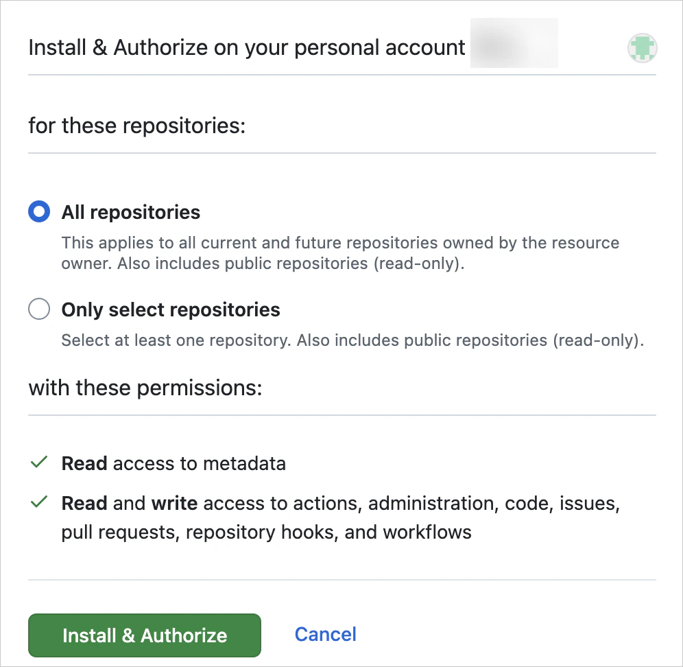 GitHub - Install Modelcode app, repository access selection