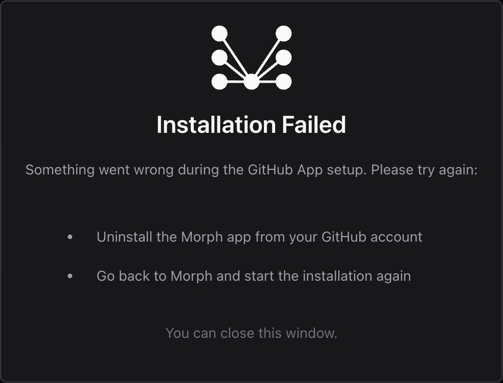 Modelcode - Installation Failed screen with recovery steps