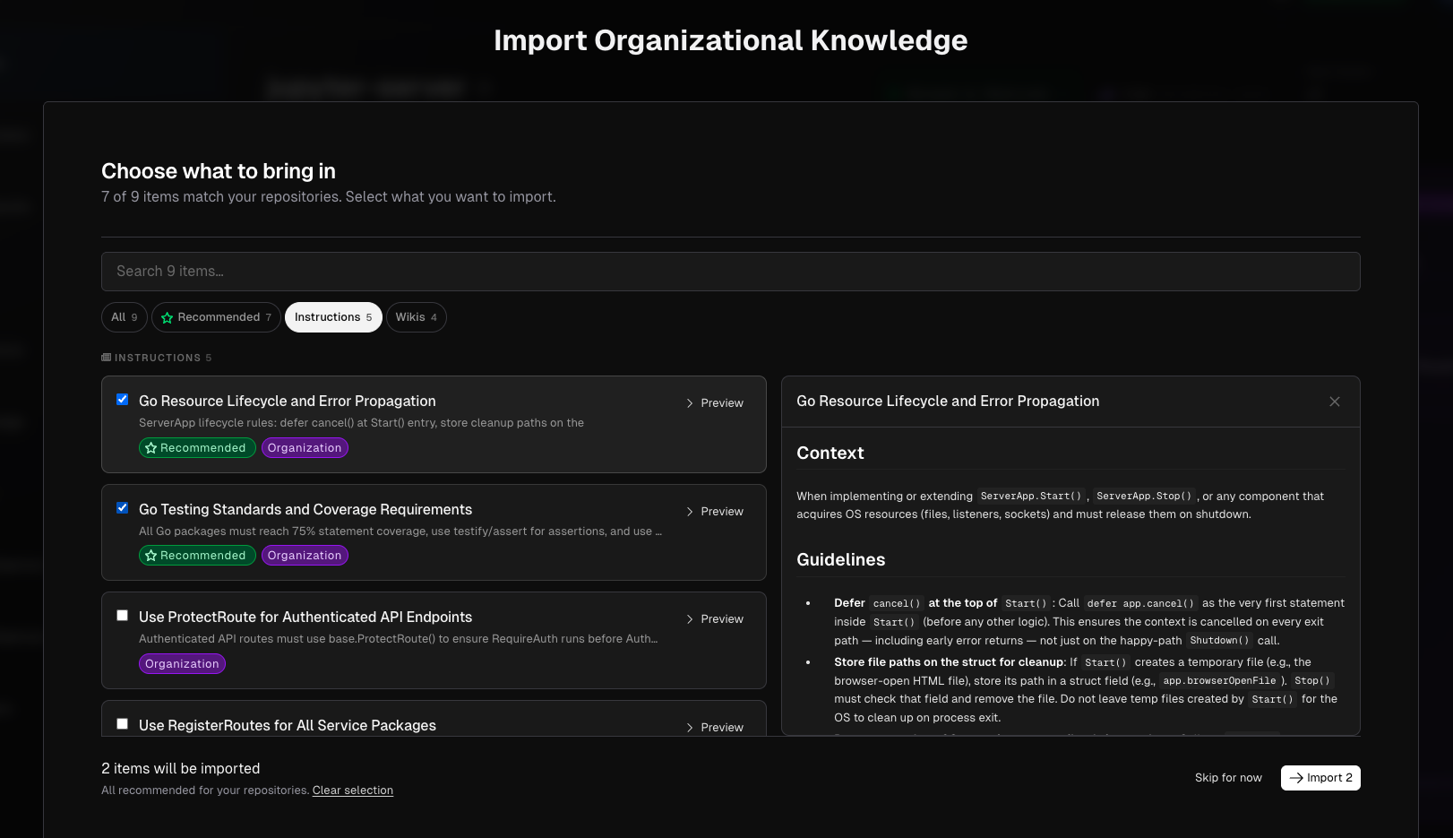 Preview panel showing an instruction's full content alongside the item list