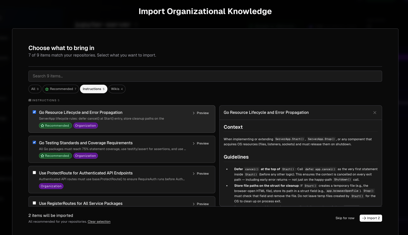 Preview panel showing an instruction's full content alongside the item list