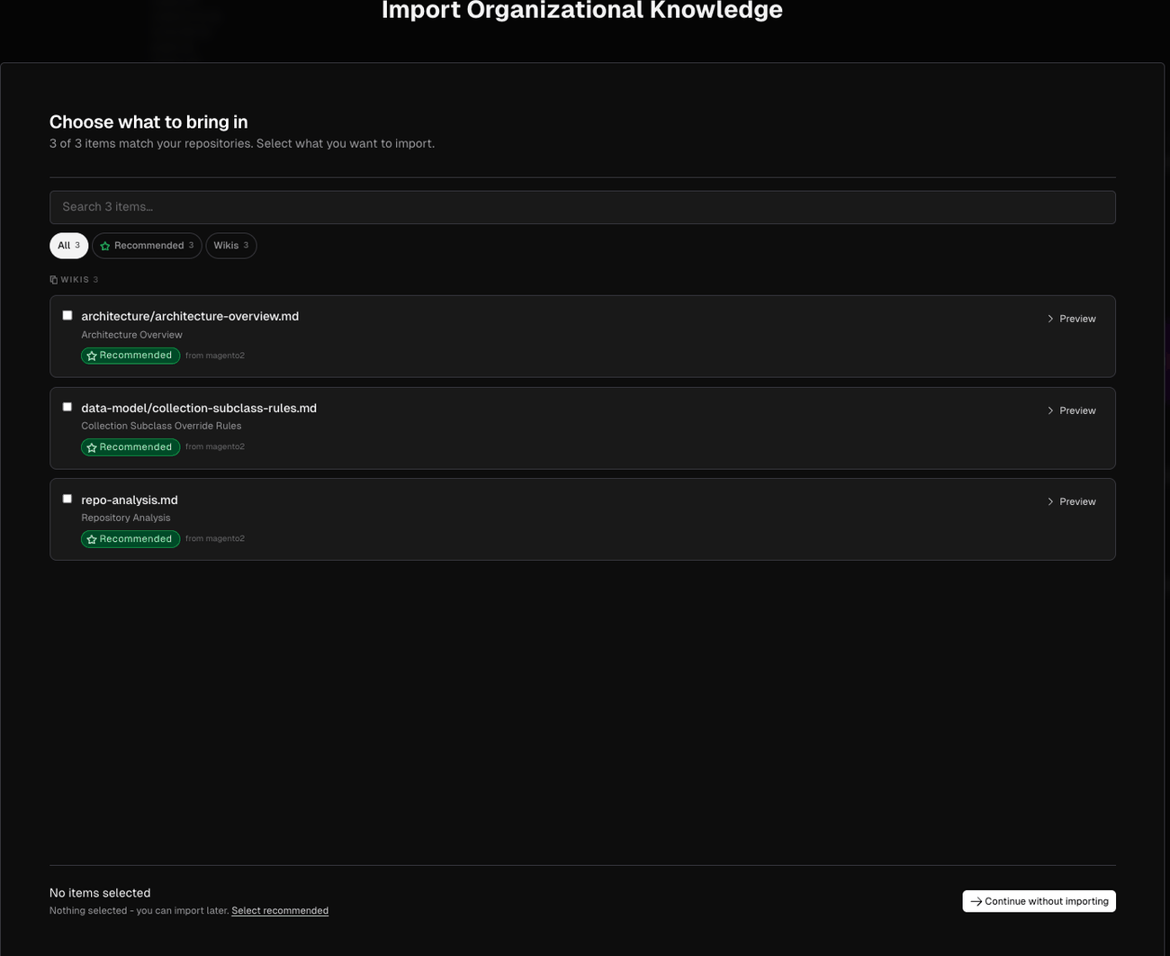 Import Organizational Knowledge showing recommended wikis with Recommended tags and nothing pre-selected