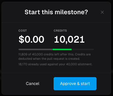 Start this milestone? dialog showing cost in dollars and credits, how many credits remain afterward, and Approve and start