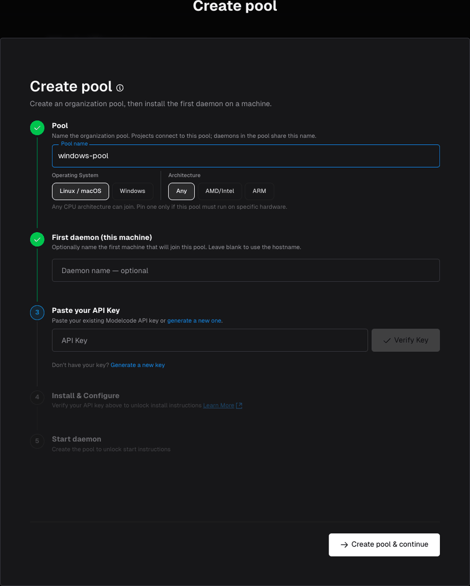 Create pool, with Pool name, Operating System, and Architecture fields