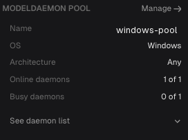 Daemon pool panel showing the pool name, OS, architecture, and online and busy machine counts