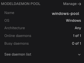 Daemon pool panel showing the pool name, OS, architecture, and online and busy machine counts