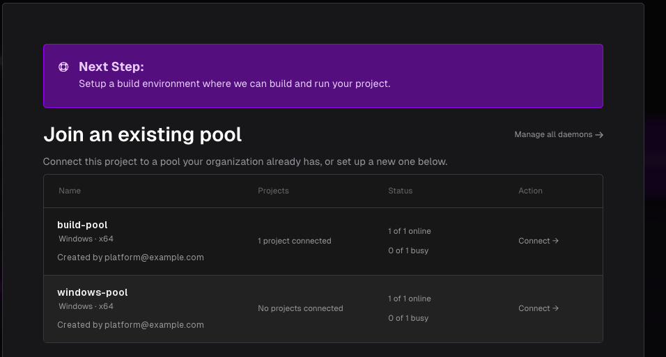 Join an existing pool, listing each pool with its platform, connected projects, and status