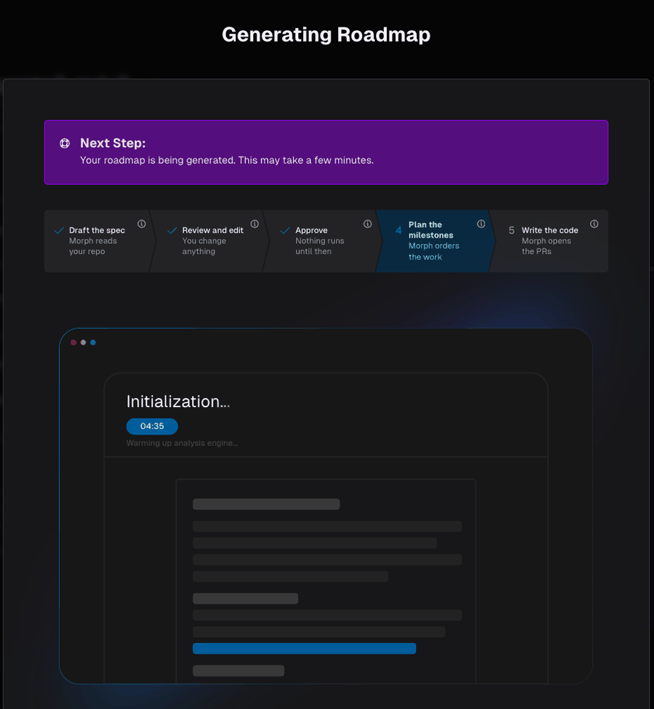 Generating Roadmap, with a five-step tracker showing spec drafted, reviewed and approved, milestones being planned