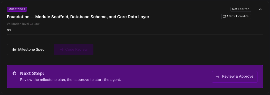 Milestone card showing its title, validation level, and a credits estimate