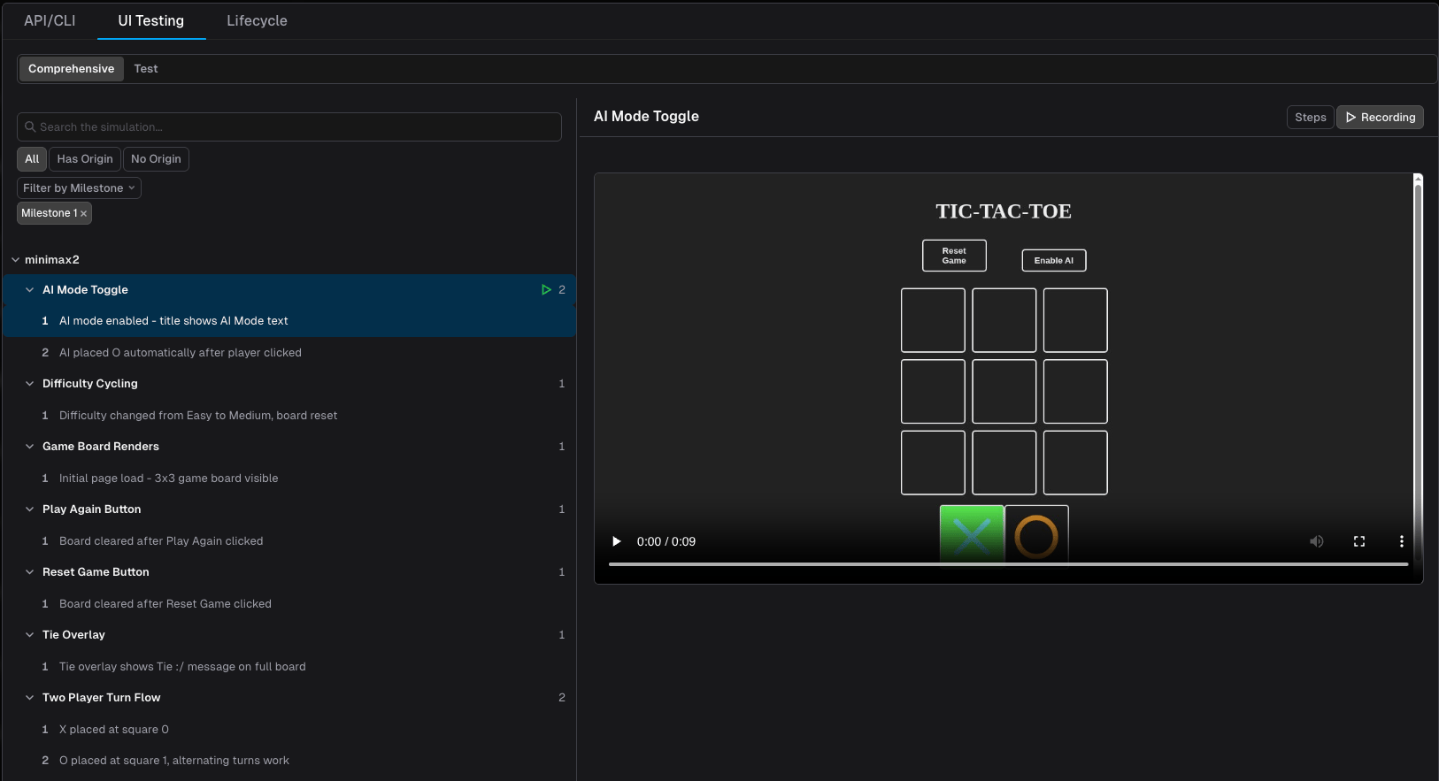 Comprehensive sub-tab showing an agentic browsing session with step-by-step screenshots and video