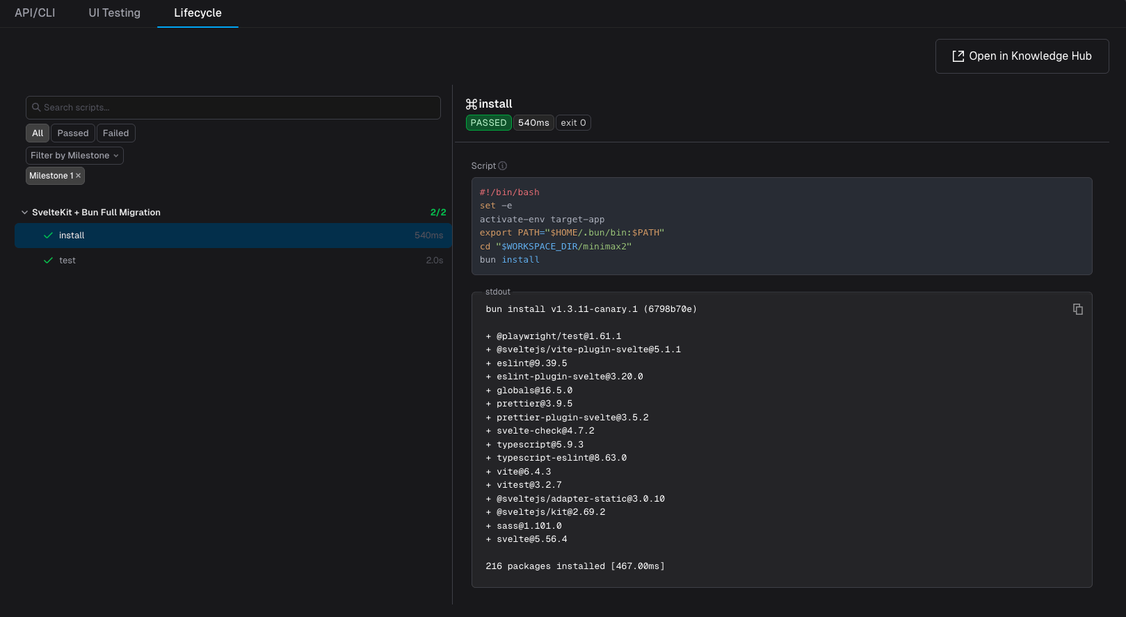 Lifecycle tab showing an install script's stdout, exit code, and pass/fail status