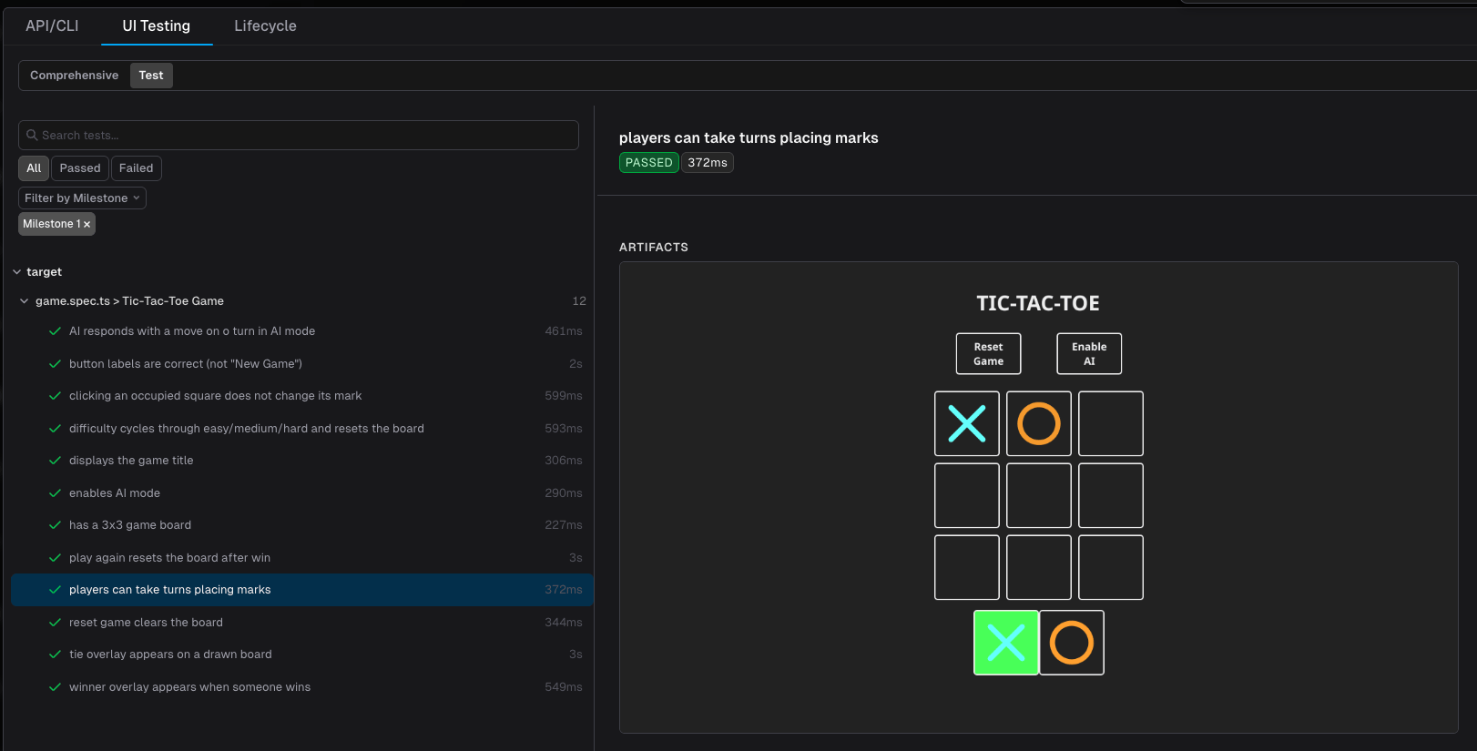 Test sub-tab showing a passing Playwright test with its Artifacts screenshot