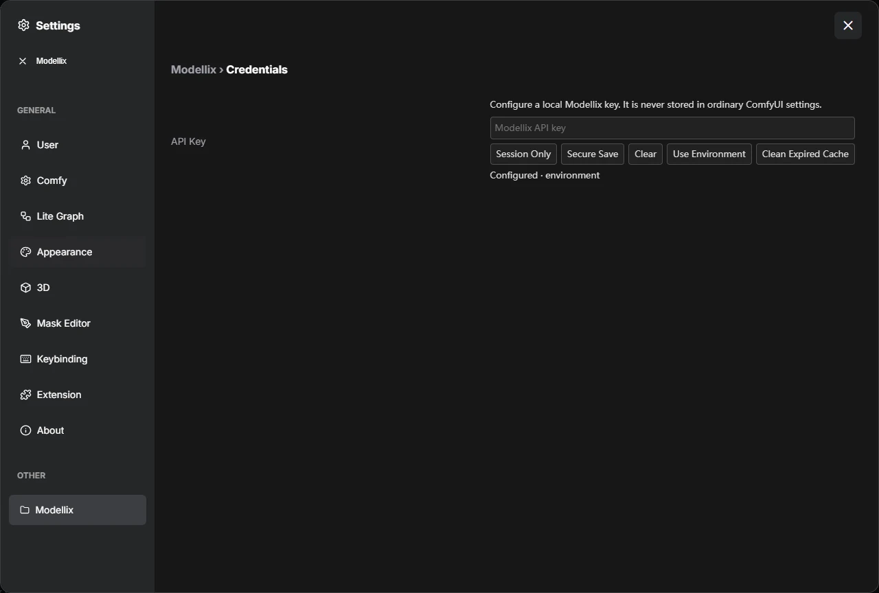 ComfyUI Modellix API Key settings with session, secure-save, clear, and environment controls