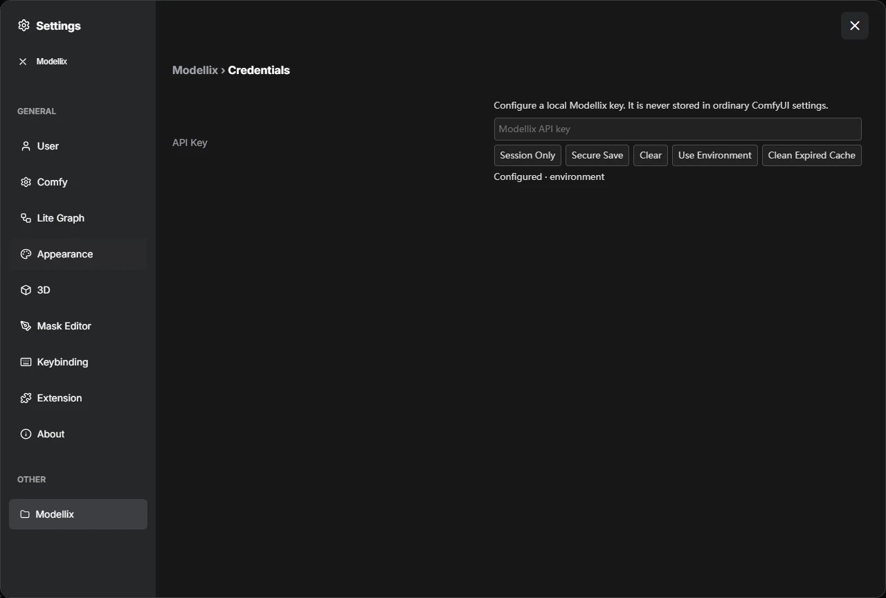 ComfyUI Modellix API Key settings with session, secure-save, clear, and environment controls
