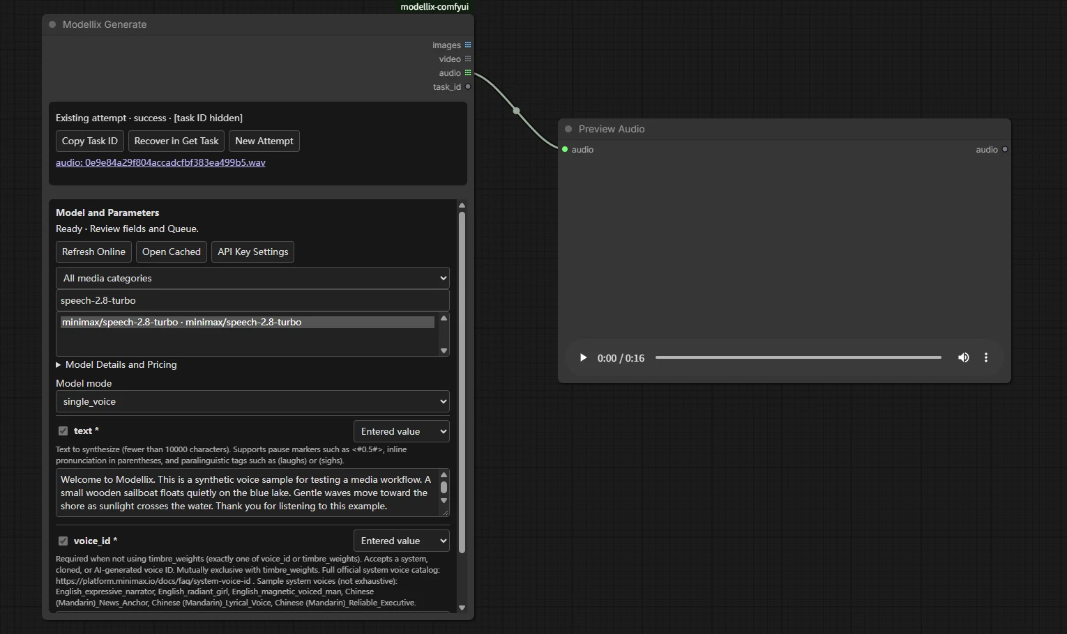 A Modellix speech model with text and voice fields connected to ComfyUI Preview Audio