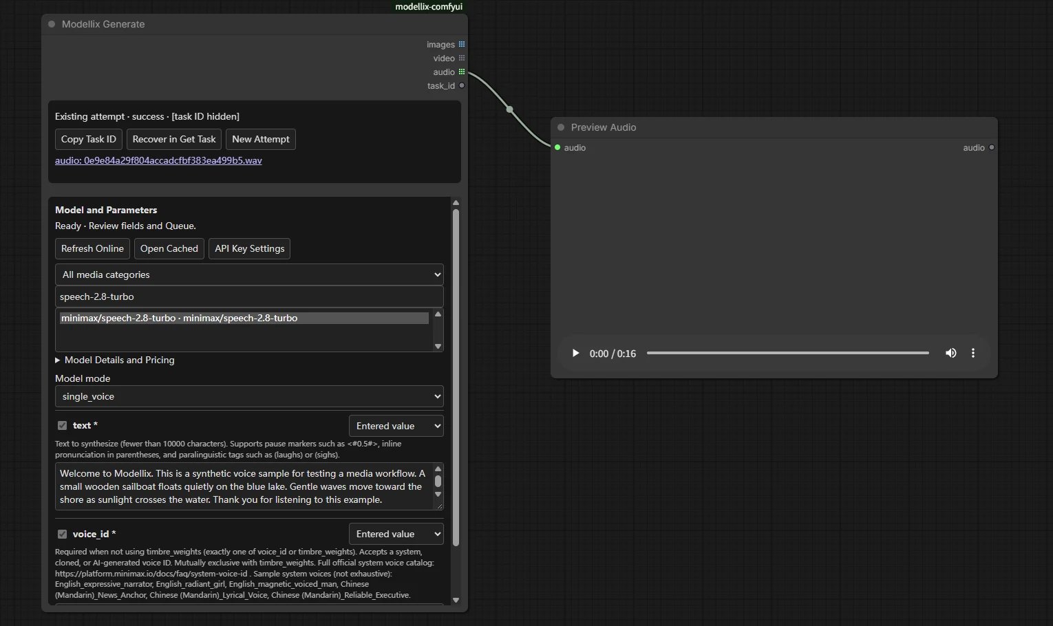 A Modellix speech model with text and voice fields connected to ComfyUI Preview Audio