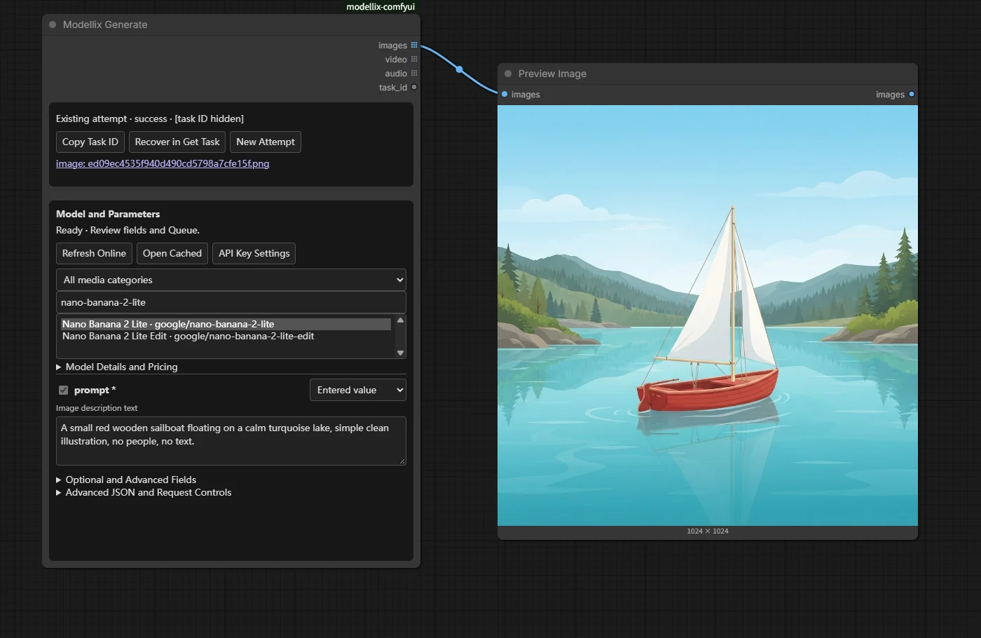 Modellix Generate showing a sailboat prompt and its connected Preview Image result