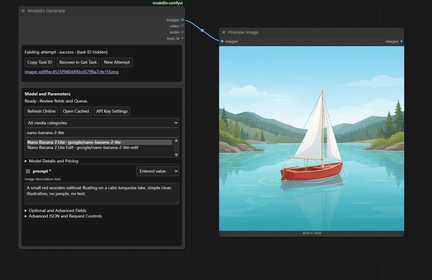 Modellix Generate showing a sailboat prompt and its connected Preview Image result