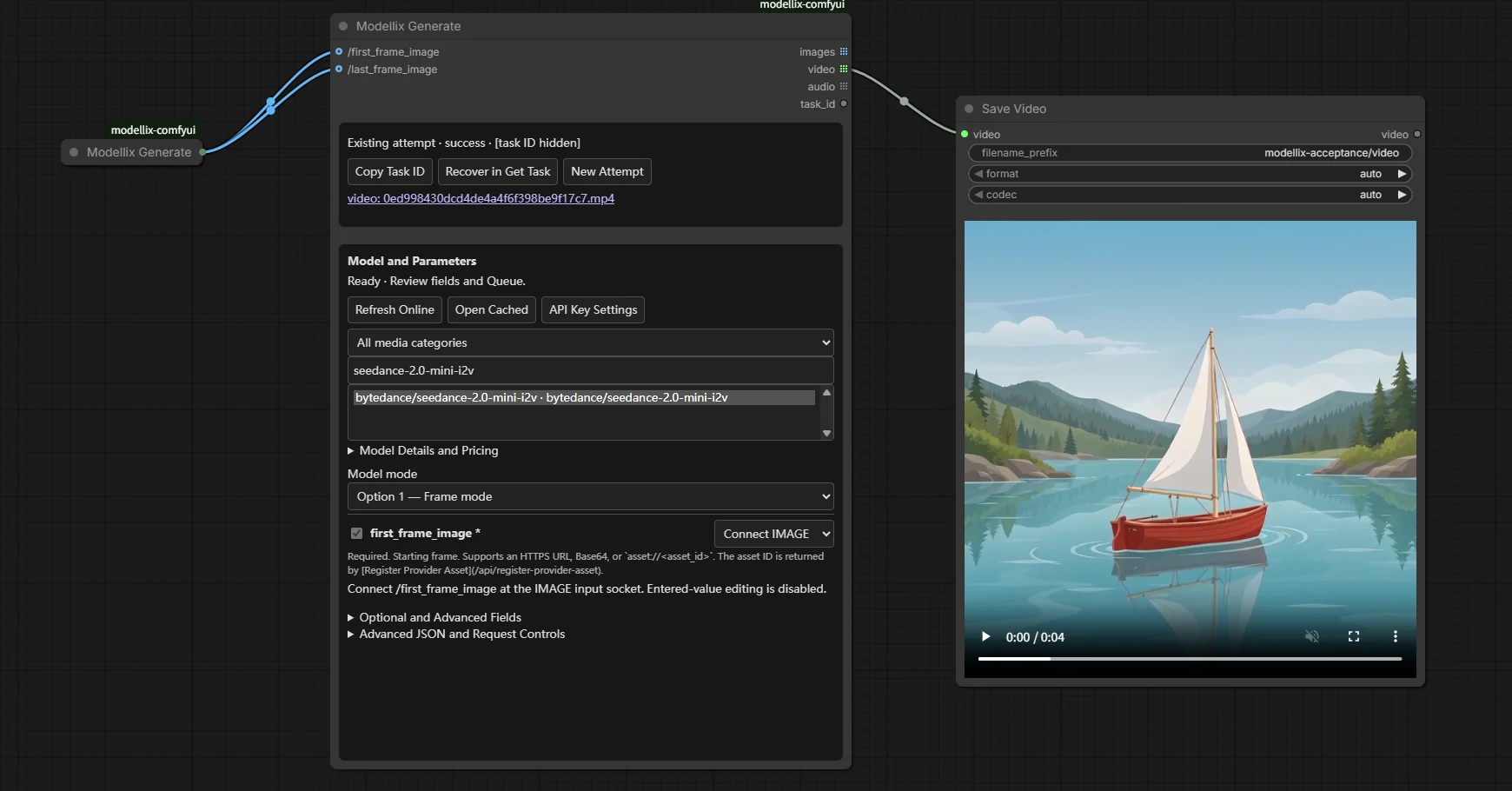 A sailboat image connected to independent first and last frame inputs with a native video result