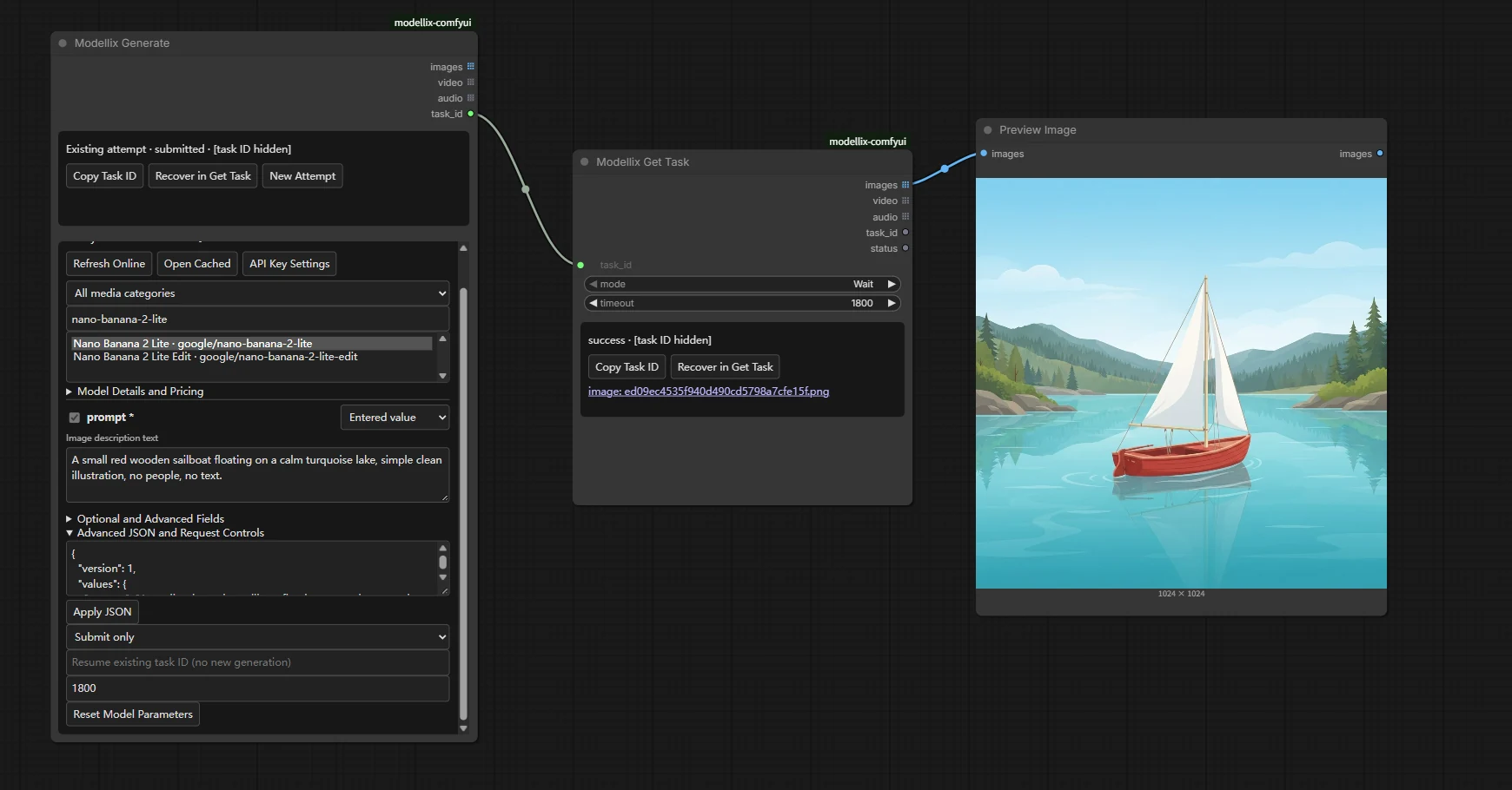 Modellix Generate in Submit only mode connected to Get Task and an image preview, with task identifiers concealed