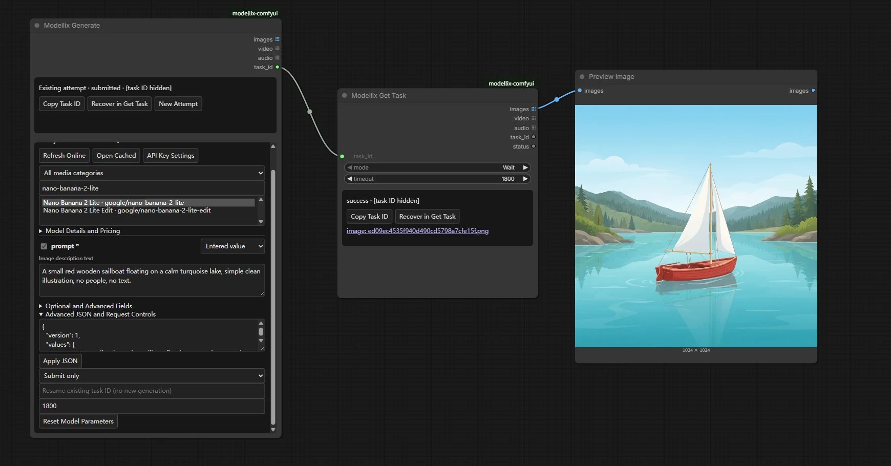Modellix Generate in Submit only mode connected to Get Task and an image preview, with task identifiers concealed