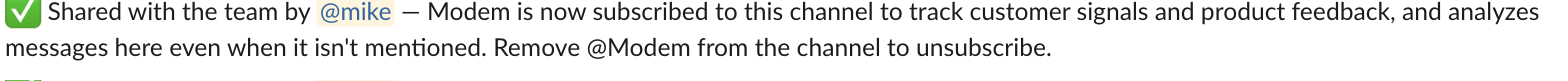 Confirmation message showing a private channel was shared with the team by a member and Modem is now subscribed to it.