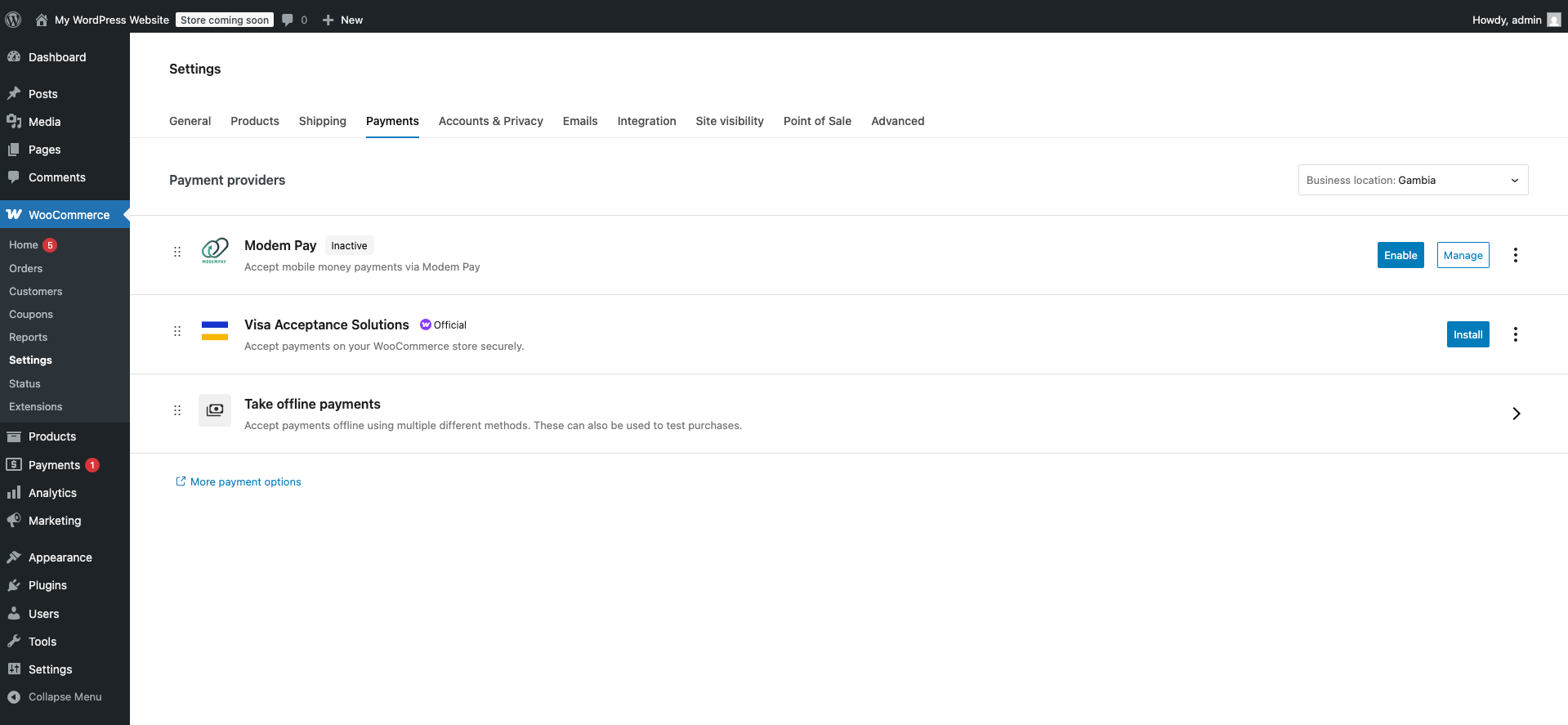WooCommerce payment gateways list with Modem Pay visible