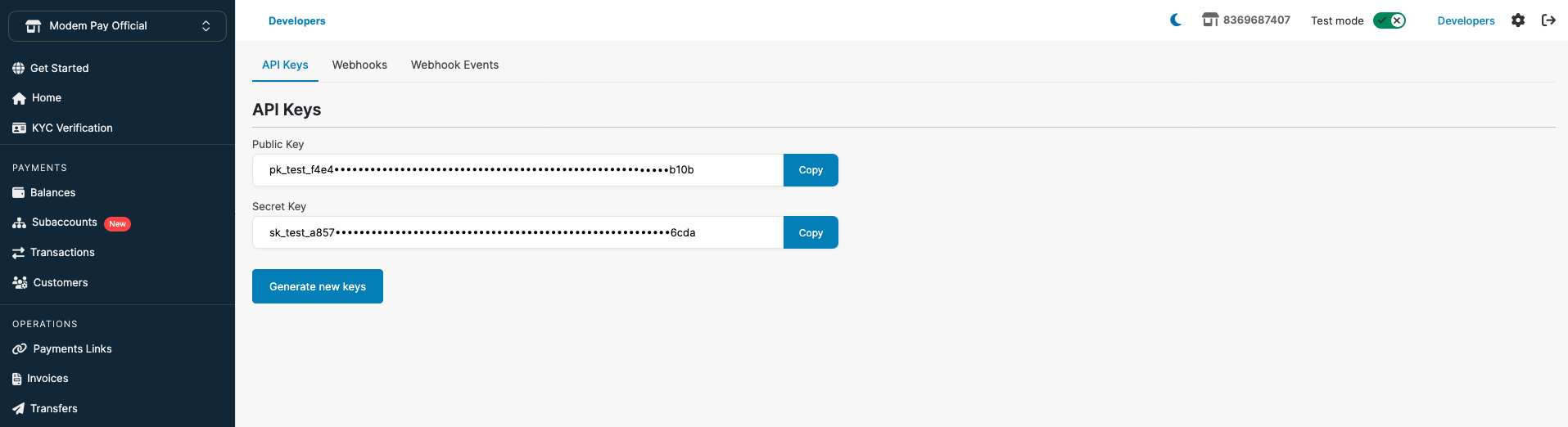 Modem Pay Dashboard API Section
