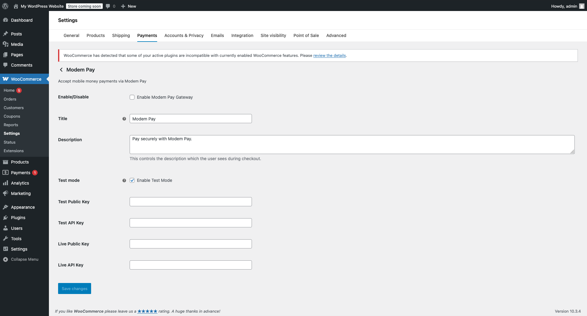 Modem Pay WooCommerce settings page