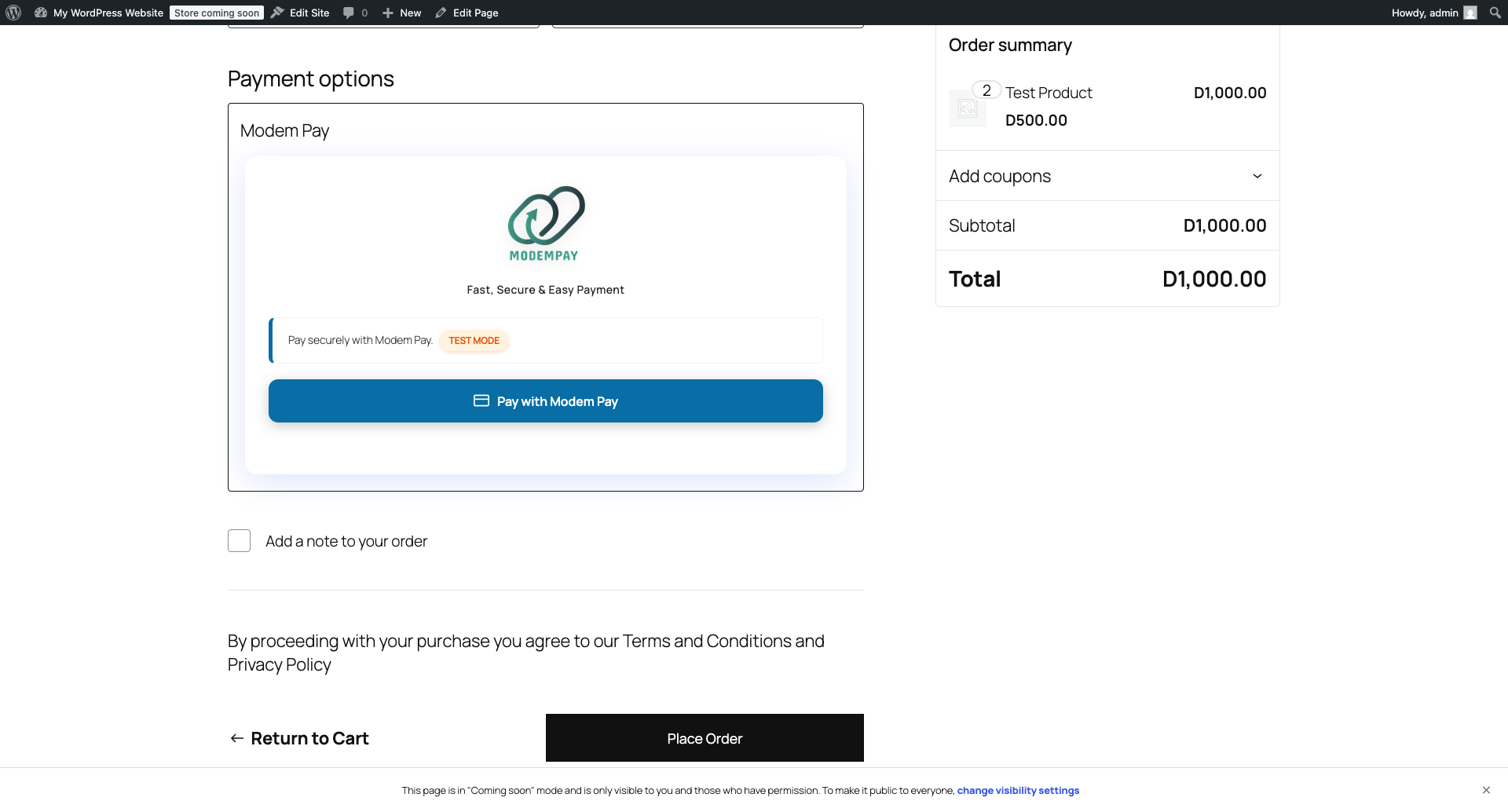 Successful checkout using Modem Pay test mode