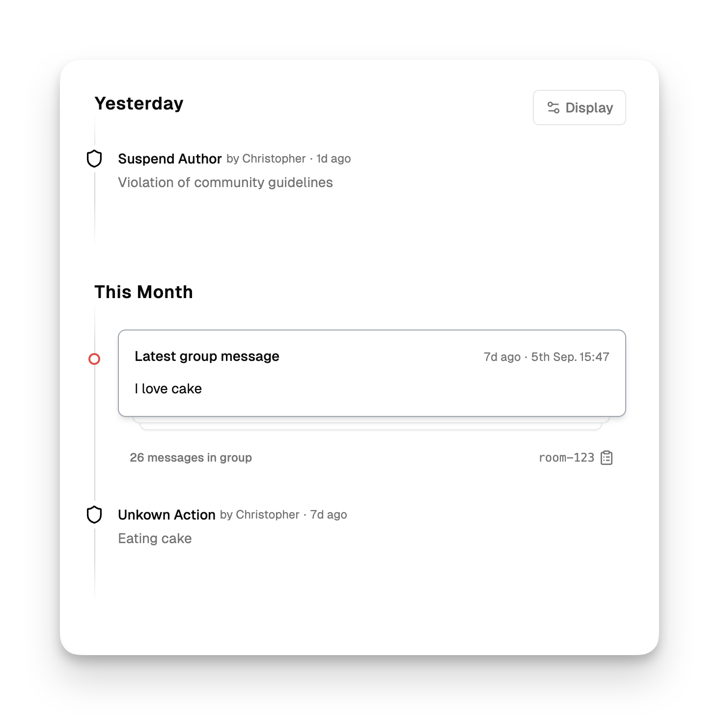 User timeline showing content submissions and moderation actions
