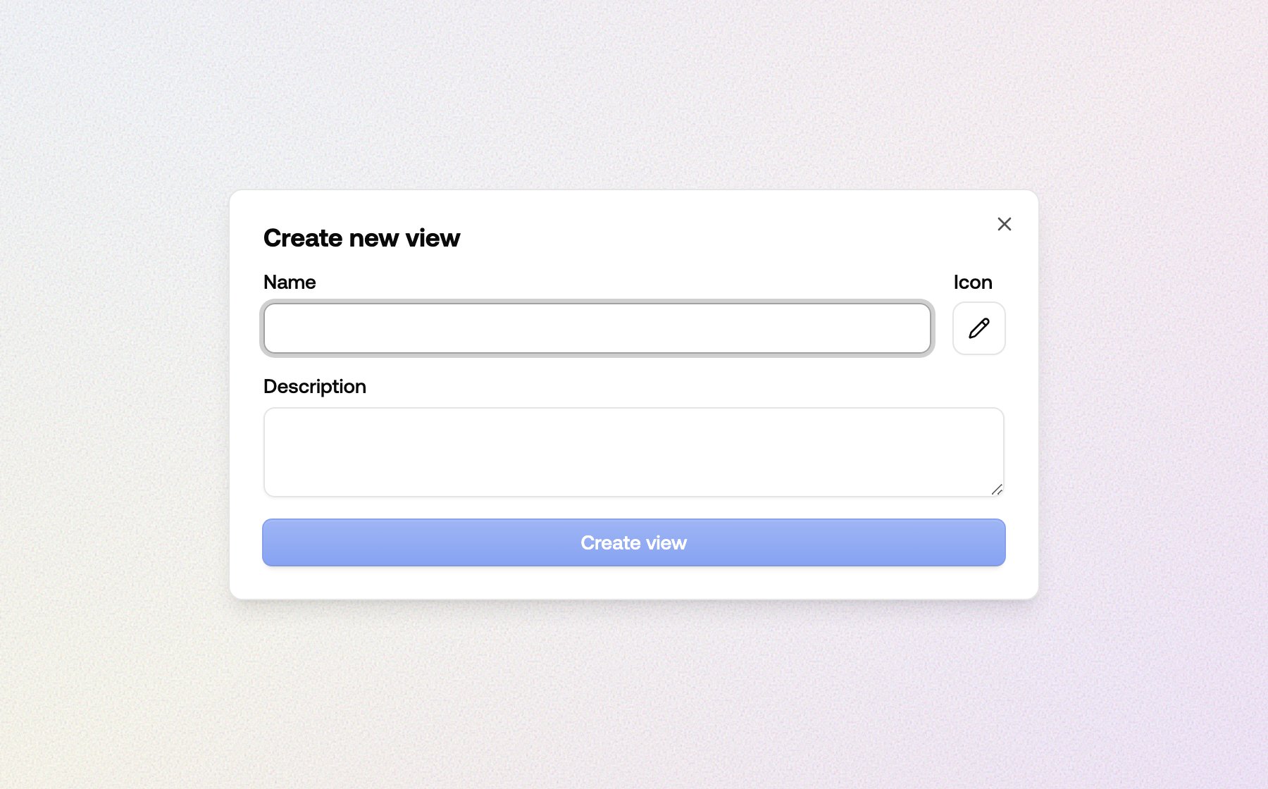 Create new view dialog with name, icon and description