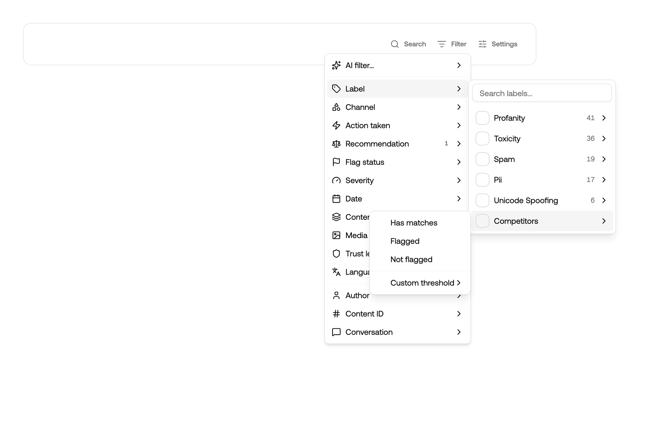 Choosing a rule type for a label in the filter menu