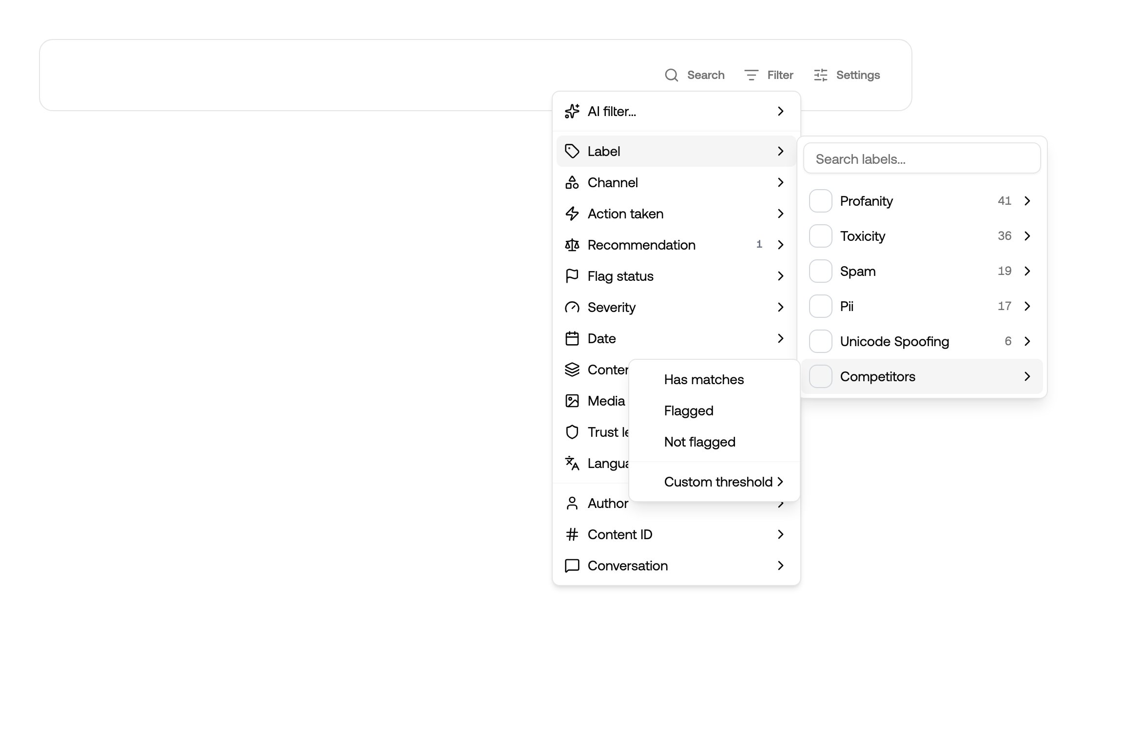 Choosing a rule type for a label in the filter menu