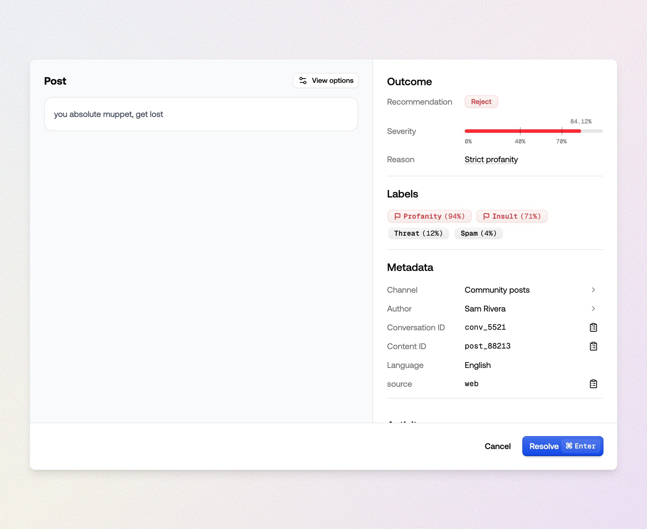 Item detail with content, labels, outcome and metadata