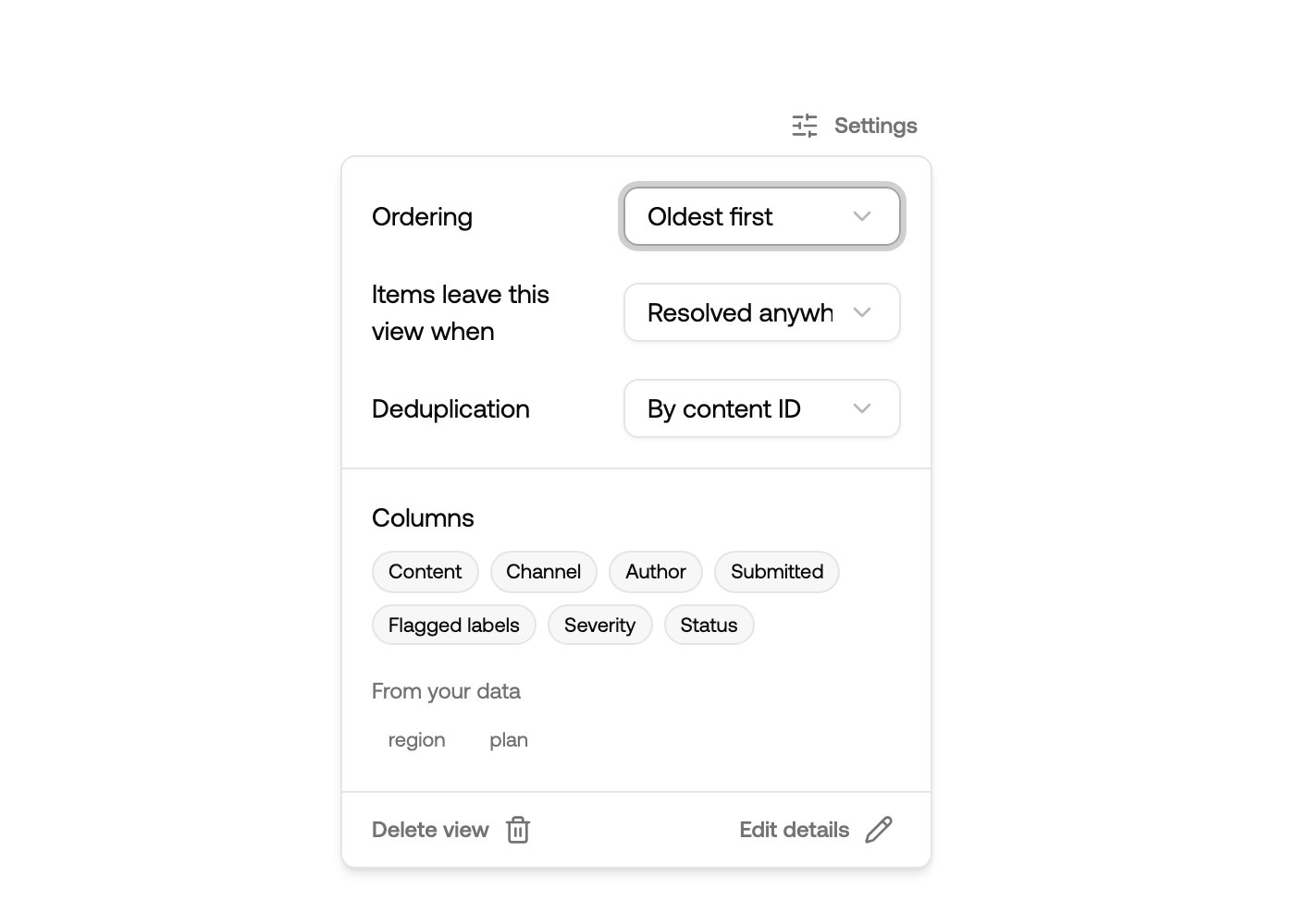 View settings with ordering, resolve behaviour, deduplication and columns