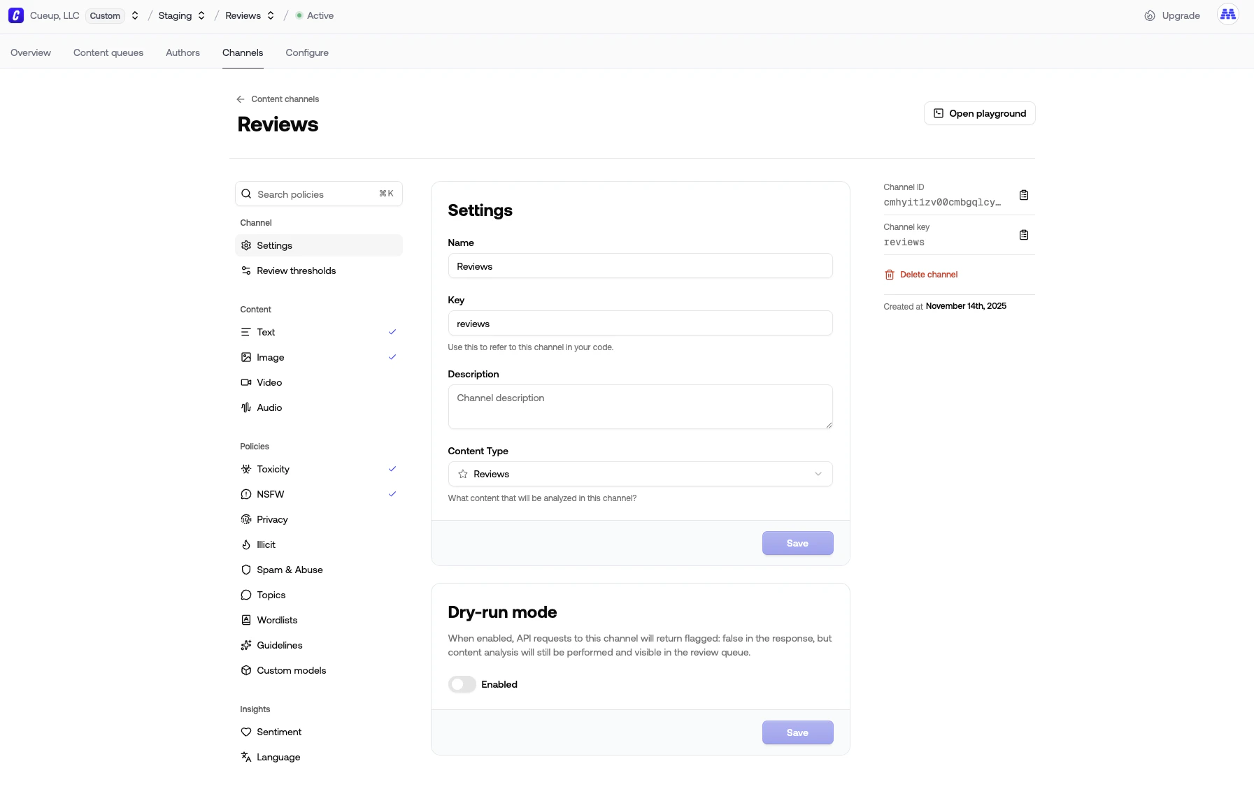 Channel settings showing name, key, content types, and policies
